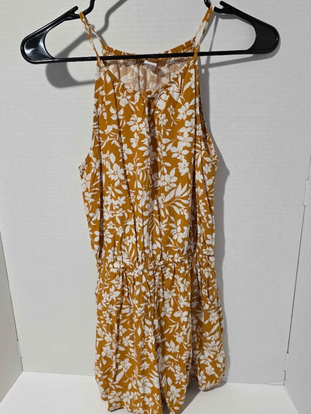 Old Navy Romper Womens XS Mustard Floral Halter Smocked Waist Pockets